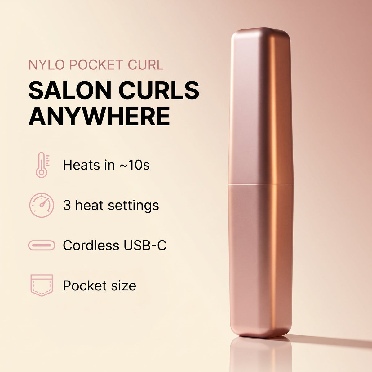 ✨ Cordless Mini Hair Curler — 3 Heat Settings, USB-C Charging & Compact Styling on the Go 👜